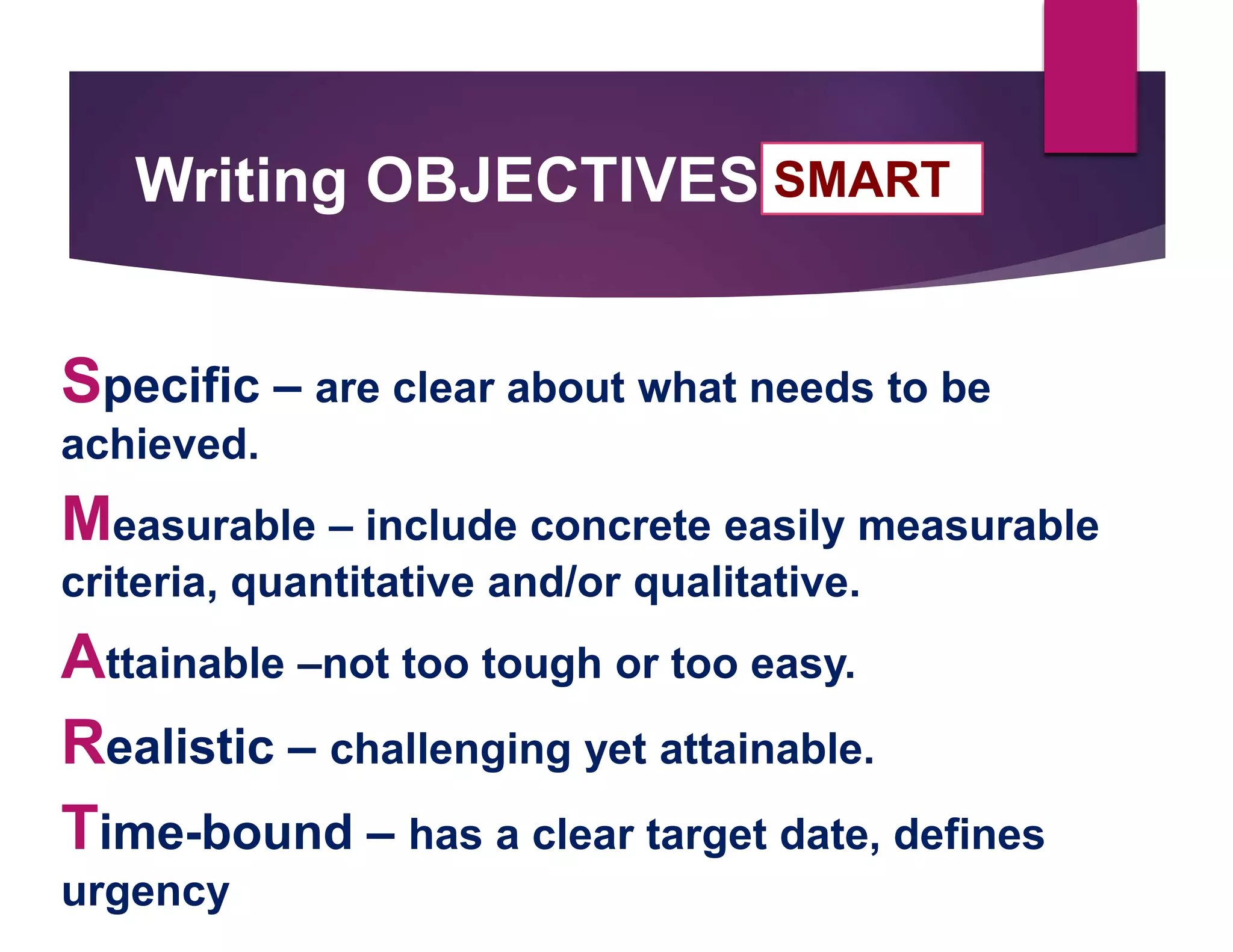 Writing OBJECTIVES
Specific – are clear about what needs to be
achieved.
Measurable – include concrete easily measurable
criteria, quantitative and/or qualitative.
Attainable –not too tough or too easy.
Realistic – challenging yet attainable.
Time-bound – has a clear target date, defines
urgency
SMART
 