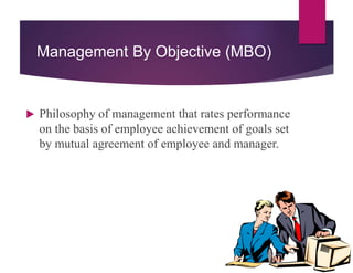 Management By Objective (MBO)
 Philosophy of management that rates performance
on the basis of employee achievement of goals set
by mutual agreement of employee and manager.
 
