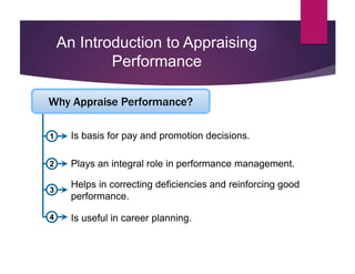 An Introduction to Appraising
Performance
1
Is useful in career planning.
Plays an integral role in performance management.
Why Appraise Performance?
Is basis for pay and promotion decisions.
Helps in correcting deficiencies and reinforcing good
performance.
2
3
4
 