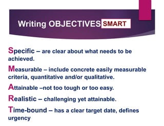 Writing OBJECTIVES
Specific – are clear about what needs to be
achieved.
Measurable – include concrete easily measurable
criteria, quantitative and/or qualitative.
Attainable –not too tough or too easy.
Realistic – challenging yet attainable.
Time-bound – has a clear target date, defines
urgency
SMART
 