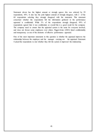 45
Statement eleven has the highest amount or strongly agrees: this was selected by 29
respondents, 48%. It also has the joint highest amount of strongly disagrees, with 2 of the
60 respondents selecting they strongly disagreed with the statement. This statement
concerned whether the respondents felt the information gathered in the performance
appraisal is confidential. While 3% of the respondents strongly disagreed, 89% of
respondents agreed that it was confidential, so overall this is a good result for the company.
The company need to ensure that the appraisal system is the same for everyone involved,
and does not favour some employees over others. Piggot-Irvine (2003) listed confidentiality
and transparency as one of the elements of effective performance appraisal.
One of the most important statements in this question is whether the appraisal improves the
relationship between the employee and the manager carrying out the appraisal. Statement
4 asked the respondents to rate whether they felt the system it improved the relationship.
 