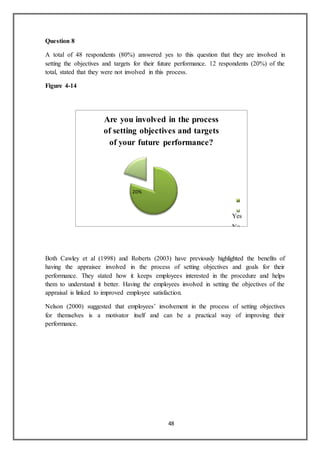 48
Question 8
A total of 48 respondents (80%) answered yes to this question that they are involved in
setting the objectives and targets for their future performance. 12 respondents (20%) of the
total, stated that they were not involved in this process.
Figure 4-14
Both Cawley et al (1998) and Roberts (2003) have previously highlighted the benefits of
having the appraisee involved in the process of setting objectives and goals for their
performance. They stated how it keeps employees interested in the procedure and helps
them to understand it better. Having the employees involved in setting the objectives of the
appraisal is linked to improved employee satisfaction.
Nelson (2000) suggested that employees’ involvement in the process of setting objectives
for themselves is a motivator itself and can be a practical way of improving their
performance.
Are you involved in the process
of setting objectives and targets
of your future performance?
20%
Yes
No
80%
 