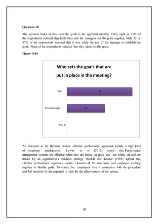 50
Question 10
This question looks at who sets the goals in the appraisal meeting. Thirty eight or 63% of
the respondents selected that both them and the managers set the goals together, while 22 or
37% of the respondents selected that it was solely the job of the manager to establish the
goals. None of the respondents selected that they alone set the goals.
Figure 4-16
As discussed in the literature review, effective performance appraisals include a high level
of employee participation. Lawler et al (2012) stated that Performance
management systems are effective when they are based on goals that are jointly set and are
driven by an organization’s business strategy. Rankin and Kleiner (1988) agreed that
effective performance appraisals include elements of the supervisor and employee working
together to identify goals. To ensure the employees have a connection with the procedure
and feel involved in the appraisal is vital for the effectiveness of the system.
Who sets the goals that are
put in place in the meeting?
Both 38
Your Manager 22
You 0
 