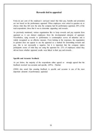 53
Rewards tied to appraisal
Forty-six per cent of the employee’s surveyed stated that their pay, benefits and promotion
are not based on the performance appraisal. When employees were asked in question six to
choose what they felt were the aims the company had for performance appraisal, 20% of the
total respondents chose that it was to determine upgrading and rewards.
As previously mentioned, various organizations like to keep rewards and pay separate from
appraisal as it can distract employees from the developmental elements of appraisal.
Nevertheless, tying rewards to performance is commonplace across all industries and is
widely recognised as an effective measure. From looking at the responses, the organization
in question does not appear to use the appraisal as a method for determining rewards and
pay, this is not necessarily a negative, but it is important that the company makes
participants aware of what they are using the appraisal for. 22% of employees stated they
did not know whether appraisal results were linked to their pay and rewards. .
Specific and Accurate feedback
As per below, the majority of the respondents either agreed or strongly agreed that the
feedback received was accurate and specific, (69%). Fletcher
(2004) also noted that ensuring feedback is specific and accurate is one of the most
important elements of performance appraisal.
 