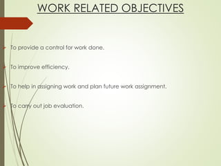 WORK RELATED OBJECTIVES
 To provide a control for work done.
 To improve efficiency.
 To help in assigning work and plan future work assignment.
 To carry out job evaluation.
 
