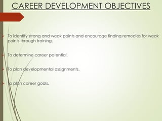 CAREER DEVELOPMENT OBJECTIVES
 To identify strong and weak points and encourage finding remedies for weak
points through training.
 To determine career potential.
 To plan developmental assignments.
 To plan career goals.
 
