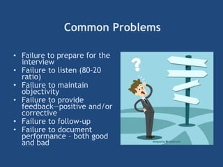 Common Problems
• Failure to prepare for the
interview
• Failure to listen (80-20
ratio)
• Failure to maintain
objectivity
• Failure to provide
feedback—positive and/or
corrective
• Failure to follow-up
• Failure to document
performance – both good
and bad
 