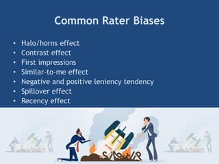 Common Rater Biases
• Halo/horns effect
• Contrast effect
• First impressions
• Similar-to-me effect
• Negative and positive leniency tendency
• Spillover effect
• Recency effect
 