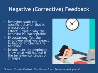 Negative (Corrective) Feedback
• Behavior: state the
specific behavior that is
unacceptable
• Effect: Explain why the
behavior is unacceptable
• Expectation: Tell the
employee what you expect
to happen to change the
behavior
• Result: Let the employee
know what will happen if
the behavior continues or
changes
Source: Charles Cadwell. The Human Touch Performance Appraisal.
 