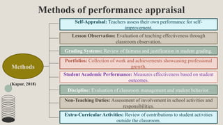 Methods of performance appraisal
Self-Appraisal: Teachers assess their own performance for self-
improvement.
Lesson Observation: Evaluation of teaching effectiveness through
classroom observation.
Grading Systems: Review of fairness and justification in student grading.
Portfolios: Collection of work and achievements showcasing professional
growth.
Student Academic Performance: Measures effectiveness based on student
outcomes.
Discipline: Evaluation of classroom management and student behavior.
Non-Teaching Duties: Assessment of involvement in school activities and
responsibilities.
Extra-Curricular Activities: Review of contributions to student activities
outside the classroom.
Methods
(Kapur, 2018)
 