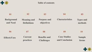 Table of contents
Background
and Need
Characteristics
Case Studies
and Conclusion
Types and
methods
01 05
04
02
Sample
forms
Meaning and
Definitions
06
03
Current
practices
Effects/Uses
Purpose and
objectives
Benefits and
Challenges
10
09
07 08
 