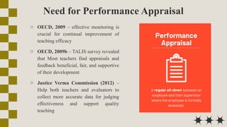 Need for Performance Appraisal
o OECD, 2009 – effective monitoring is
crucial for continual improvement of
teaching efficacy
o OECD, 2009b – TALIS survey revealed
that Most teachers find appraisals and
feedback beneficial, fair, and supportive
of their development.
o Justice Verma Commission (2012) –
Help both teachers and evaluators to
collect more accurate data for judging
effectiveness and support quality
teaching
 