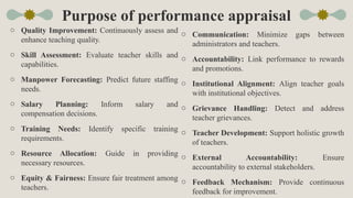 Purpose of performance appraisal
o Quality Improvement: Continuously assess and
enhance teaching quality.
o Skill Assessment: Evaluate teacher skills and
capabilities.
o Manpower Forecasting: Predict future staffing
needs.
o Salary Planning: Inform salary and
compensation decisions.
o Training Needs: Identify specific training
requirements.
o Resource Allocation: Guide in providing
necessary resources.
o Equity & Fairness: Ensure fair treatment among
teachers.
o Communication: Minimize gaps between
administrators and teachers.
o Accountability: Link performance to rewards
and promotions.
o Institutional Alignment: Align teacher goals
with institutional objectives.
o Grievance Handling: Detect and address
teacher grievances.
o Teacher Development: Support holistic growth
of teachers.
o External Accountability: Ensure
accountability to external stakeholders.
o Feedback Mechanism: Provide continuous
feedback for improvement.
 