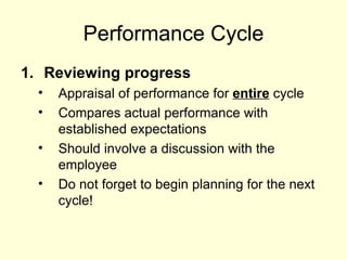 Performance Cycle Reviewing progress Appraisal of performance for  entire  cycle Compares actual performance with established expectations Should involve a discussion with the employee  Do not forget to begin planning for the next cycle! 