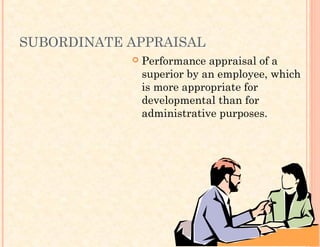 SUBORDINATE APPRAISAL
 Performance appraisal of a
superior by an employee, which
is more appropriate for
developmental than for
administrative purposes.
 