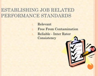 ESTABLISHING JOB RELATED
PERFORMANCE STANDARDS
1. Relevant
2. Free From Contamination
3. Reliable - Inter Rater
Consistency
 
