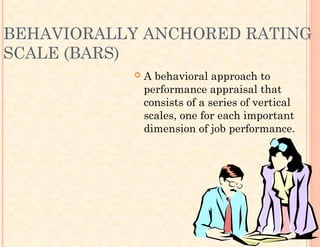 BEHAVIORALLY ANCHORED RATING
SCALE (BARS)
 A behavioral approach to
performance appraisal that
consists of a series of vertical
scales, one for each important
dimension of job performance.
 