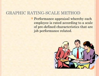 GRAPHIC RATING-SCALE METHOD
 Performance appraisal whereby each
employee is rated according to a scale
of pre-defined characteristics that are
job performance related.
 