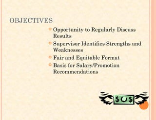 OBJECTIVES
 Opportunity to Regularly Discuss
Results
 Supervisor Identifies Strengths and
Weaknesses
 Fair and Equitable Format
 Basis for Salary/Promotion
Recommendations
 