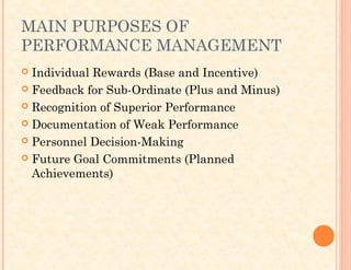 MAIN PURPOSES OF
PERFORMANCE MANAGEMENT
 Individual Rewards (Base and Incentive)
 Feedback for Sub-Ordinate (Plus and Minus)
 Recognition of Superior Performance
 Documentation of Weak Performance
 Personnel Decision-Making
 Future Goal Commitments (Planned
Achievements)
 