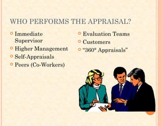 WHO PERFORMS THE APPRAISAL?
 Immediate
Supervisor
 Higher Management
 Self-Appraisals
 Peers (Co-Workers)
 Evaluation Teams
 Customers
 “360° Appraisals”
 