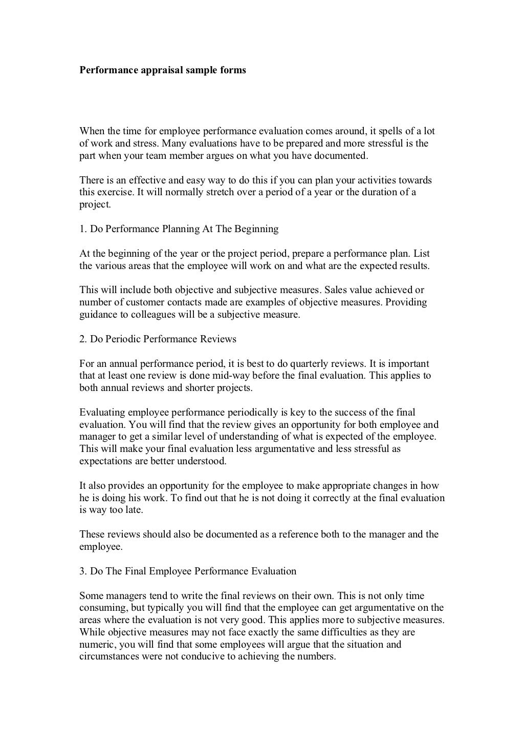 Performance appraisal sample forms