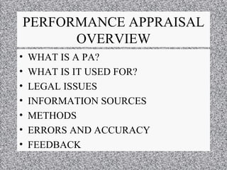 PERFORMANCE APPRAISAL OVERVIEW ,[object Object],[object Object],[object Object],[object Object],[object Object],[object Object],[object Object]