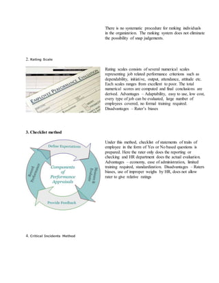 iv. There is no systematic procedure for ranking individuals
in the organization. The ranking system does not eliminate
the possibility of snap judgements.
2. Rating Scale
Rating scales consists of several numerical scales
representing job related performance criterions such as
dependability, initiative, output, attendance, attitude etc.
Each scales ranges from excellent to poor. The total
numerical scores are computed and final conclusions are
derived. Advantages – Adaptability, easy to use, low cost,
every type of job can be evaluated, large number of
employees covered, no formal training required.
Disadvantages – Rater’s biases
3. Checklist method
Under this method, checklist of statements of traits of
employee in the form of Yes or No based questions is
prepared. Here the rater only does the reporting or
checking and HR department does the actual evaluation.
Advantages – economy, ease of administration, limited
training required, standardization. Disadvantages – Raters
biases, use of improper weighs by HR, does not allow
rater to give relative ratings
4. Critical Incidents Method
 