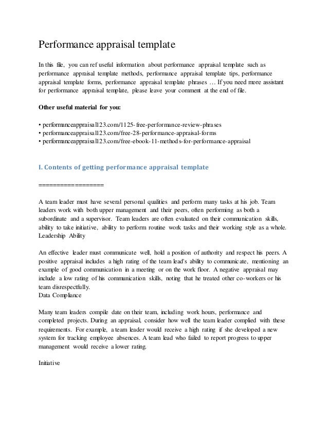 performance appraisal template example performance review