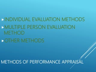 METHODS OF PERFORMANCE APPRAISAL
INDIVIDUAL EVALUATION METHODS
MULTIPLE PERSON EVALUATION
METHOD
OTHER METHODS
 