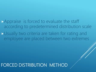 FORCED DISTRIBUTION METHOD
Appraise is forced to evaluate the staff
according to predetermined distribution scale
Usually two criteria are taken for rating and
employee are placed between two extremes
 