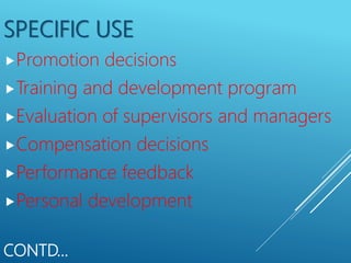 CONTD…
SPECIFIC USE
Promotion decisions
Training and development program
Evaluation of supervisors and managers
Compensation decisions
Performance feedback
Personal development
 