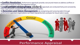 Human resources slide 6
8.Conflict Resolution: Performance appraisals provide a structured means to address conflicts or
performance issues in a fair and objective manner.
9.Legal and Ethical Compliance: Ensuring that appraisals are conducted fairly and consistently
helps organizations comply with legal and ethical standards.
10.Retention and Talent Management: By recognizing and nurturing talent through
performance appraisal, organizations can retain top performers and plan for future talent needs.
 