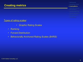• Setting goals
                                                          • Developing criteria
     Creating metrics                                      Creating Metrics
                                                          • Selecting reviewees
                                                            and reviewers
                                                          • Considering timing
                                                          • Organizing logistics
                                                          • Giving feedback
                                                          • Following up


    Types of rating scales:

                           • Graphic Rating Scales
           • Ranking
           • Forced Distribution
           • Behaviorally Anchored Rating Scales (BARS)




© 2010 Dattner Consulting, LLC
                                                                                   9
 