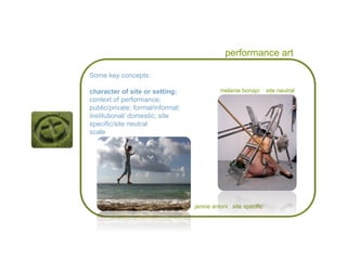 performance art Some key concepts: character of site or setting: context of performance; public/private; formal/informal; institutional/ domestic; site specific/site neutral scale melanie bonajo  site neutral janine antoni  site specific 