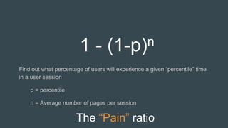 The “Pain” ratio
Find out what percentage of users will experience a given “percentile” time
in a user session
p = percentile
n = Average number of pages per session
1 - (1-p)n
 