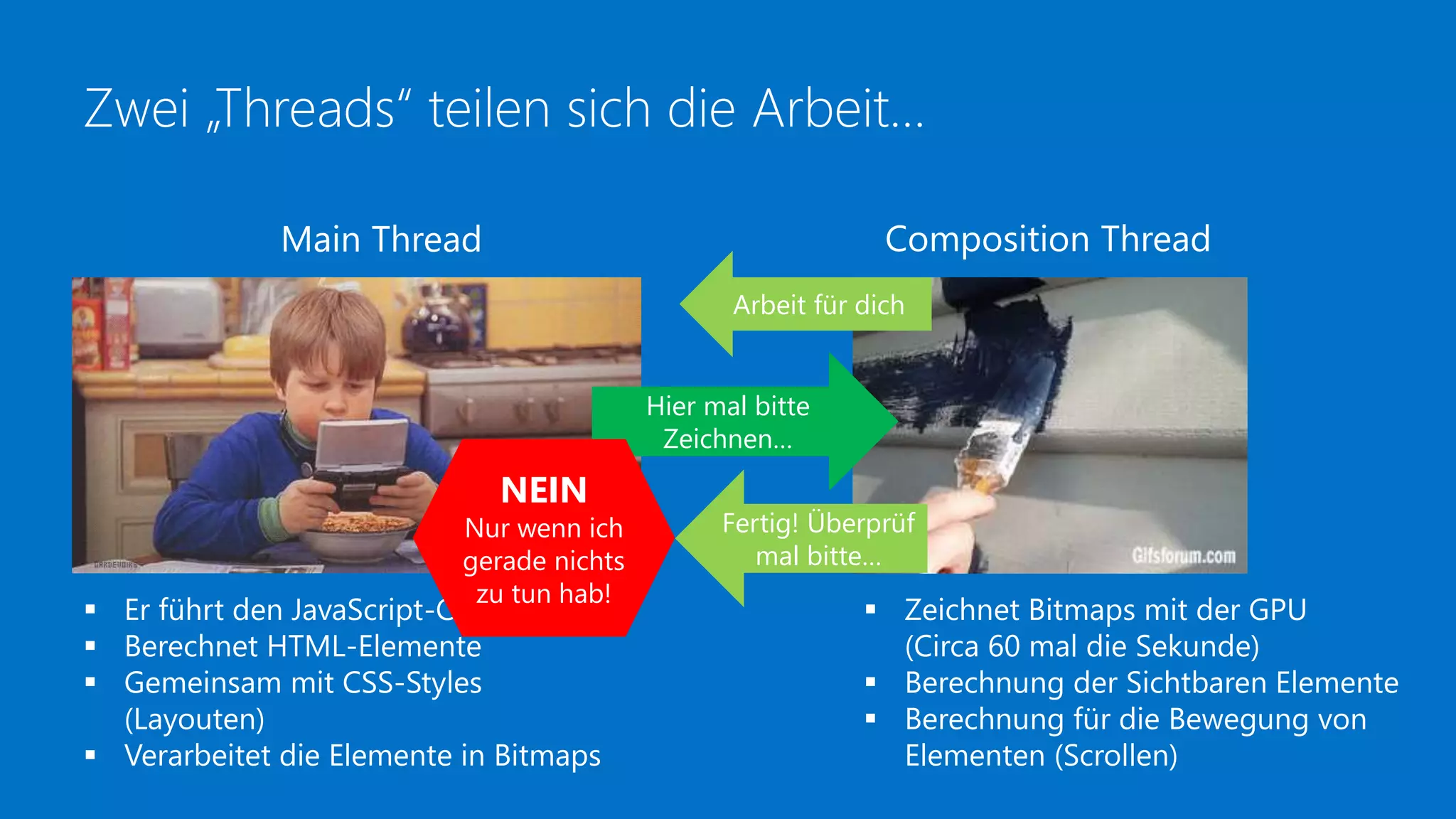 Zwei „Threads“ teilen sich die Arbeit…
Main Thread
 Er führt den JavaScript-Code aus
 Berechnet HTML-Elemente
 Gemeinsam mit CSS-Styles
(Layouten)
 Verarbeitet die Elemente in Bitmaps
Composition Thread
 Zeichnet Bitmaps mit der GPU
(Circa 60 mal die Sekunde)
 Berechnung der Sichtbaren Elemente
 Berechnung für die Bewegung von
Elementen (Scrollen)
Arbeit für dich
Fertig! Überprüf
mal bitte…
Hier mal bitte
Zeichnen…
NEIN
Nur wenn ich
gerade nichts
zu tun hab!
 