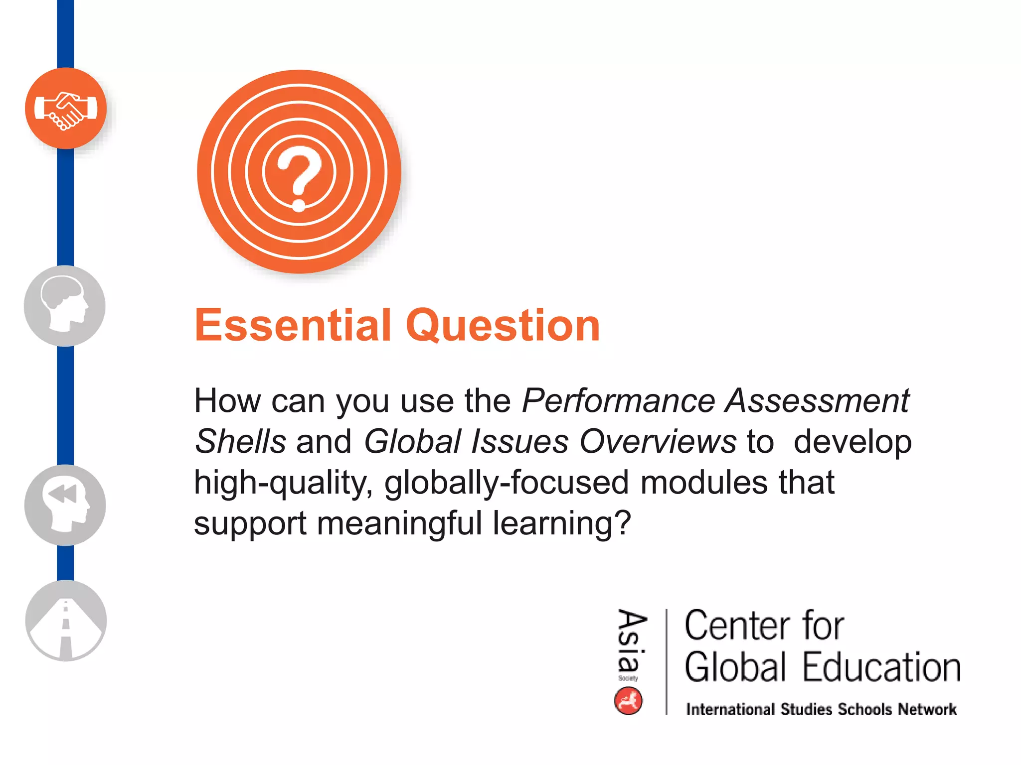Essential Question
How can you use the Performance Assessment
Shells and Global Issues Overviews to develop
high-quality, globally-focused modules that
support meaningful learning?
 