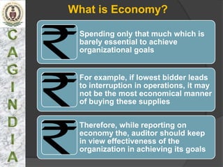 What is Economy?

 Spending only that much which is
 barely essential to achieve
 organizational goals


 For example, if lowest bidder leads
 to interruption in operations, it may
 not be the most economical manner
 of buying these supplies


 Therefore, while reporting on
 economy the, auditor should keep
 in view effectiveness of the
 organization in achieving its goals
 