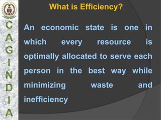 What is Efficiency?

An economic state is one in
which      every    resource    is
optimally allocated to serve each
person in the best way while
minimizing         waste       and
inefficiency
 