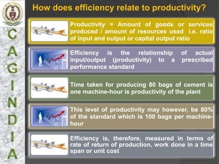 How does efficiency relate to productivity?
         Productivity = Amount of goods or services
         produced / amount of resources used i.e. ratio
         of input and output or capital output ratio

         Efficiency is the relationship        of actual
         input/output (productivity) to a      prescribed
         performance standard

         Time taken for producing 80 bags of cement is
         one machine-hour is productivity of the plant

         This level of productivity may however, be 80%
         of the standard which is 100 bags per machine-
         hour

         Efficiency is, therefore, measured in terms of
         rate of return of production, work done in a time
         span or unit cost
 