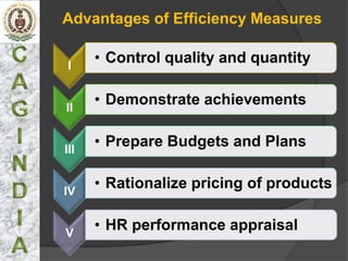 Advantages of Efficiency Measures

 I
      • Control quality and quantity


II
      • Demonstrate achievements


III
      • Prepare Budgets and Plans


IV
      • Rationalize pricing of products


V
      • HR performance appraisal
 