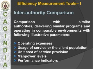 Efficiency Measurement Tools– I

Inter-authority Comparison
Comparison               with         similar
authorities, delivering similar programs and
operating in comparable environments with
following illustrative parameters:

  Operating expenses
  Usage of service or the client population
  Unit cost of service provision
  Manpower levels
  Performance indicators
 