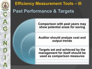 Efficiency Measurement Tools – III
Past Performance & Targets

           Comparison with past years may
           show potential areas for saving


            Auditor should analyze cost and
                     output trends

            Targets set and achieved by the
            management for itself should be
            used as comparison measures
 