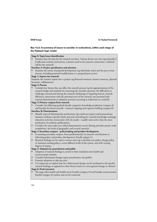 110 
RAND Europe 13: Logic models 
Figure 13.1: The basic logic model 
Certain resources 
are needed to 
operate your 
programme 
If you have access to 
them, you can use 
them to accomplish 
your planned 
activities 
If you accomplish 
your planned 
activities, then you 
will hopefully deliver 
the amount of 
product and/or 
service that you 
intend 
If you accomplish 
your planned 
activities to the 
extent you intended, 
then your 
participants will 
benefit in certain 
ways 
If these benefits to 
participants are 
achieved, then 
certain changes in 
organisations, 
communities or 
systems will be 
expected. 
Resources/ inputs Activities Outputs Outcomes Impact 
What is invested? What is done? What is produced? 
What are the short-and 
medium-term 
results? 
What is the ultimate 
impact? 
Your planned work Your intended results 
Situation 
 