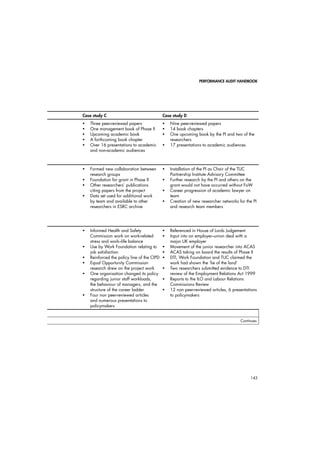 PERFORMANCE AUDIT HANDBOOK 
119 
of relationship among the nodes (simplex), 
Examples of a multiplex can be friendship and 
business partnership. 
Matrix 
Matrices are used to keep information in a 
compact form. The matrix used in network 
analysis is termed an adjacency matrix, often 
denoted as the matrix A. For example, Table 
14.2 illustrates a four-by-four adjacency matrix 
(four rows, four columns) with elements indi-cating 
whether or not there is a relationship 
between two actors, as chosen by the row actor 
(“Chooser”). These elements are binary (0 
= no relationship, 1 = otherwise). Note that 
the standard convention is to label actors by 
capital, bold-type letters. 
Table 14.2: Reported working 
relationships 
Choice: 
Chooser: 
Person A 
Person B 
Person C 
Person D 
Person A --- 0 1 1 
Person B 1 --- 1 0 
Person C 1 1 --- 1 
Person D 0 0 1 --- 
Source: Author 
The adjacency matrix can either be symmet-ric 
or asymmetric, which is intuitive because 
two people do not necessarily feel the same 
way about each other. Person A may feel close 
to Person B, yet Person B does not feel close 
to Person A. As seen in Table 14.2, Person B 
reported no link to Person A and Person A 
reported a link to Person B. This is an asym-metric 
adjacency matrix; formally, where i and 
j are nodes of the row and column, asymmetry 
is Aij ≠Aji. 
Other than binary measures (0,1), the 
level of measurement can be signed or valued. 
Signed distinguishes how a relationship is 
valued. A subject can like (+), dislike (-), or 
not care (0) about another subject. A valued 
measure is a rank ordering of responses. 
Graphing 
The first step is to plot the nodes in a sample 
space, as seen in Figure 14.1. The nodes can be 
different colours, shapes or sizes to represent 
particular attributes. In this example, white 
circles are female, black circles are male. 
Figure 14.1: Simple graph nodes 
Person A 
Person B 
Person C Person D 
Source: Author 
The next step is to introduce lines to express 
ties and arrows to express the direction of 
those ties. A line segment indicates a “bond” 
in which the two nodes have indicated close-ness. 
This requires more descriptive informa-tion, 
such as signed or valued. Arrows express 
information about a tie and require binary 
information. A double-headed arrow indicates 
a reciprocated tie. In Figure 14.2, we illustrate 
the direction of ties (based on information 
provided in Table 14.1). 
 