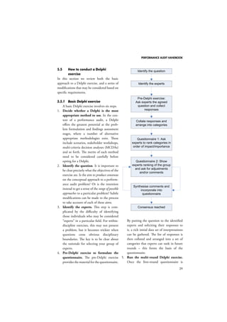 PERFORMANCE AUDIT HANDBOOK 
29 
5.5 How to conduct a Delphi 
exercise 
In this section we review both the basic 
approach to a Delphi exercise, and a series of 
modifications that may be considered based on 
specific requirements. 
5.5.1 Basic Delphi exercise 
A basic Delphi exercise involves six steps. 
1. Decide whether a Delphi is the most 
appropriate method to use. In the con-text 
of a performance audit, a Delphi 
offers the greatest potential at the prob-lem 
formulation and findings assessment 
stages, where a number of alternative 
appropriate methodologies exist. These 
include scenarios, stakeholder workshops, 
multi-criteria decision analyses (MCDAs) 
and so forth. The merits of each method 
need to be considered carefully before 
opting for a Delphi. 
2. Identify the question. It is important to 
be clear precisely what the objectives of the 
exercise are. Is the aim to produce consensus 
on the conceptual approach to a perform-ance 
audit problem? Or is the intention 
instead to get a sense of the range of possible 
approaches to a particular problem? Subtle 
modifications can be made to the process 
to take account of each of these aims. 
3. Identify the experts. This step is com-plicated 
by the difficulty of identifying 
those individuals who may be considered 
“experts” in a particular field. For within-discipline 
exercises, this may not present 
a problem, but it becomes trickier when 
questions cross obvious disciplinary 
boundaries. The key is to be clear about 
the rationale for selecting your group of 
experts. 
4. Pre-Delphi exercise to formulate the 
questionnaire. The pre-Delphi exercise 
provides the material for the questionnaire. 
Identify the question 
Identify the experts 
Pre-Delphi exercise: 
Ask experts the agreed 
question and collect 
responses 
Collate responses and 
arrange into categories 
Questionnaire 1: Ask 
experts to rank categories in 
order of impact/importance 
Questionnaire 2: Show 
experts ranking of the group 
and ask for adjustments 
and/or comments 
Synthesise comments and 
incorporate into 
questionnaire 
Consensus reached 
By putting the question to the identified 
experts and soliciting their responses to 
it, a rich initial data set of interpretations 
can be gathered. The list of responses is 
then collated and arranged into a set of 
categories that experts can rank in future 
rounds – this forms the basis of the 
questionnaire. 
5. Run the multi-round Delphi exercise. 
Once the first–round questionnaire is 
 