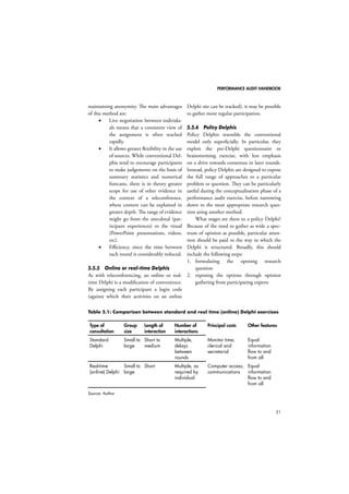 PERFORMANCE AUDIT HANDBOOK 
31 
maintaining anonymity. The main advantages 
of this method are: 
• Live negotiation between individu-als 
means that a consistent view of 
the assignment is often reached 
rapidly. 
• It allows greater flexibility in the use 
of sources. While conventional Del-phis 
tend to encourage participants 
to make judgements on the basis of 
summary statistics and numerical 
forecasts, there is in theory greater 
scope for use of other evidence in 
the context of a teleconference, 
where content can be explained in 
greater depth. The range of evidence 
might go from the anecdotal (par-ticipant 
experiences) to the visual 
(PowerPoint presentations, videos, 
etc). 
• Efficiency, since the time between 
each round is considerably reduced. 
5.5.5 Online or real-time Delphis 
As with teleconferencing, an online or real-time 
Delphi is a modification of convenience. 
By assigning each participant a login code 
(against which their activities on an online 
Delphi site can be tracked), it may be possible 
to gather more regular participation. 
5.5.6 Policy Delphis 
Policy Delphis resemble the conventional 
model only superficially. In particular, they 
exploit the pre-Delphi questionnaire or 
brainstorming exercise, with less emphasis 
on a drive towards consensus in later rounds. 
Instead, policy Delphis are designed to expose 
the full range of approaches to a particular 
problem or question. They can be particularly 
useful during the conceptualisation phase of a 
performance audit exercise, before narrowing 
down to the most appropriate research ques-tion 
using another method. 
What stages are there to a policy Delphi? 
Because of the need to gather as wide a spec-trum 
of opinion as possible, particular atten-tion 
should be paid to the way in which the 
Delphi is structured. Broadly, this should 
include the following steps: 
1. formulating the opening research 
question 
2. exposing the options through opinion 
gathering from participating experts 
Table 5.1: Comparison between standard and real time (online) Delphi exercises 
Type of 
consultation 
Group 
size 
Length of 
interaction 
Number of 
interactions 
Principal costs Other features 
Standard 
Delphi 
Small to 
large 
Short to 
medium 
Multiple, 
delays 
between 
rounds 
Monitor time; 
clerical and 
secretarial 
Equal 
information 
flow to and 
from all 
Real-time 
(online) Delphi 
Small to 
large 
Short Multiple, as 
required by 
individual 
Computer access; 
communications 
Equal 
information 
flow to and 
from all 
Source: Author 
 