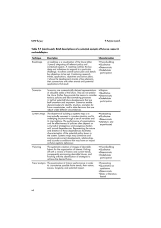RAND Europe 9: Futures research 
Table 9.1 (continued): Brief descriptions of a selected sample of futures research 
methodologies 
Technique Description Characterisation 
Roadmaps A roadmap is a visualisation of the future (often 
64 
5 years) integrating all relevant policy and 
contextual aspects. A roadmap outlines the key 
steps and milestones to respond to a particular 
challenge. It outlines overall action plan and details 
key objectives to be met. Combining research, 
trends, applications, objectives and action plans, 
it shows the development strands of key elements, 
their connections with other strands and potential 
applications that result. 
 Vision-building 
 Qualitative 
 Deterministic 
 Stakeholder 
participation 
Scenarios Scenarios are systematically derived representations 
of plausible states of the future. They do not predict 
the future. Rather they provide the means to consider 
today’s policies and decisionmaking processes 
in light of potential future developments that are 
both uncertain and important. Scenarios enable 
decisionmakers to identify, structure, and plan for 
future uncertainties, and to take decisions that are 
robust under different circumstances. 
 Utopian 
 Qualitative 
 Deterministic 
 Stakeholder 
participation 
Systems maps The objective of building a systems map is to 
conceptually represent a complex situation and its 
underlying structure through a set of variables and 
its interrelations. The performance of organisations 
and the effectiveness of policies often depend on 
a myriad of endogenous and exogenous factors 
with mutual dependencies. Representing the nature 
and direction of these dependencies facilitates 
characterisation of the potential policy levers in 
the system. Systems maps may summarise and 
communicate current developments, relationships 
and boundary conditions that may have an impact 
on future systems behaviour. 
 Forecasting 
 Qualitative 
 Deterministic 
 Literature- and 
expert-based 
Visioning The systematic creation of images of desirable 
futures for the organisation of interest. Kicking 
off with a review of historic and current trends, 
consequently envisioning desirable futures, and 
finishing with the identification of strategies to 
achieve the desired future. 
 Vision-building 
 Qualitative 
 Deterministic 
 Stakeholder 
participation 
Trend analysis The examination of historic performance in order 
to characterise possible future trends, their nature, 
causes, longevity, and potential impact. 
 Forecasting 
 Quantitative or 
qualitative 
 Deterministic 
 Data- or literature-based 
 