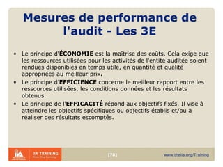 Mesures de performance de l'audit - Les 3E   Le principe d' ÉCONOMIE  est la maîtrise des coûts. Cela exige que les ressources utilisées pour les activités de l'entité auditée soient rendues disponibles en temps utile, en quantité et qualité appropriées au meilleur prix .  Le principe d’ EFFICIENCE  concerne le meilleur rapport entre les ressources utilisées, les conditions données et les résultats obtenus.  Le principe de l' EFFICACITÉ  répond aux objectifs fixés. Il vise à atteindre les objectifs spécifiques ou objectifs établis et/ou à réaliser des résultats escomptés.  